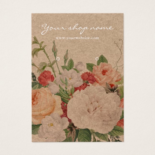 Vintage rustic kraft chic floral earring display (Front)