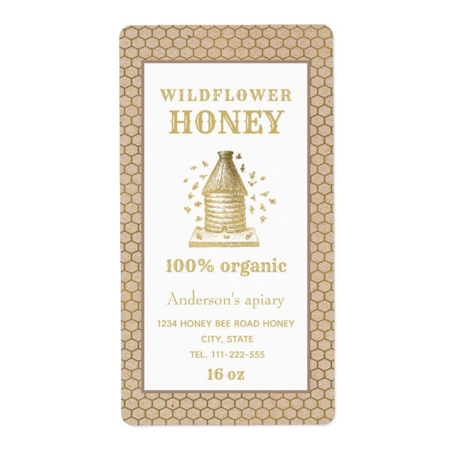 Vintage rustic Kraft gold beehive honey jar (Front)