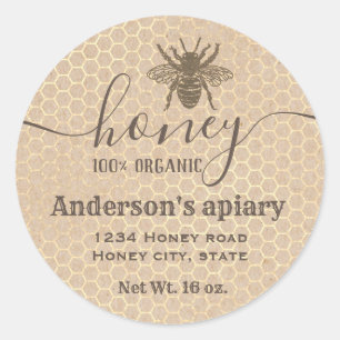 Vintage rustic Kraft honey bee script honey jar Classic Round Sticker