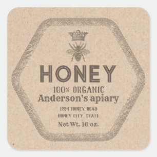 Vintage rustic Kraft queen bee honey jar Square Sticker