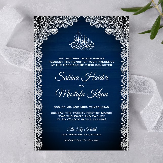Vintage Rustic Lace Navy Blue Islamic Wedding Invitation (Creator Uploaded)