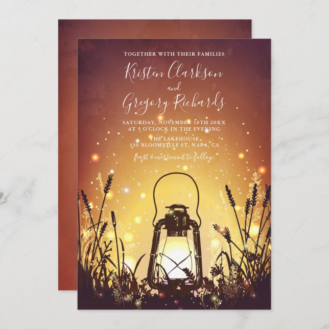 Vintage Rustic Lantern and Fireflies Wedding Invitation (Front/Back)