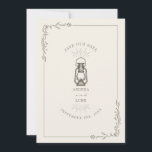Vintage Rustic Lantern Green Wedding Save The Date<br><div class="desc">Dark green colour illustration of vintage oil lantern with line art botanical border.  Background is off white.</div>