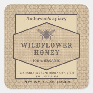 Vintage rustic linen  honey bee honey jar label