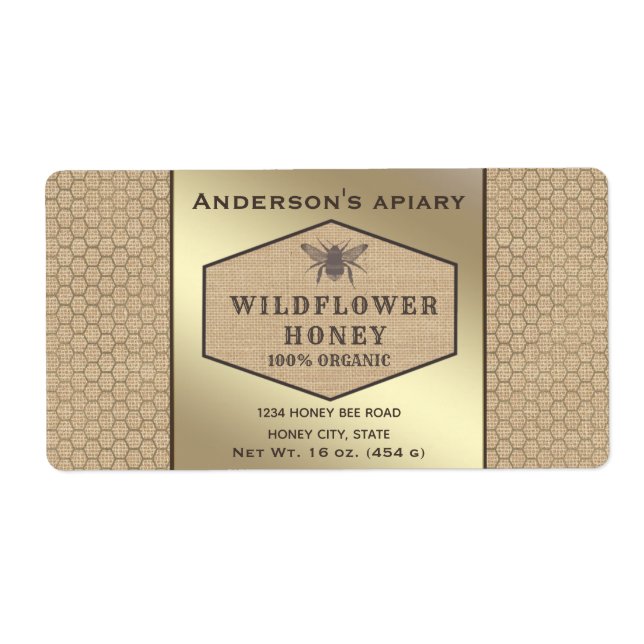 Vintage rustic linen  honey bee honey jar label (Front)