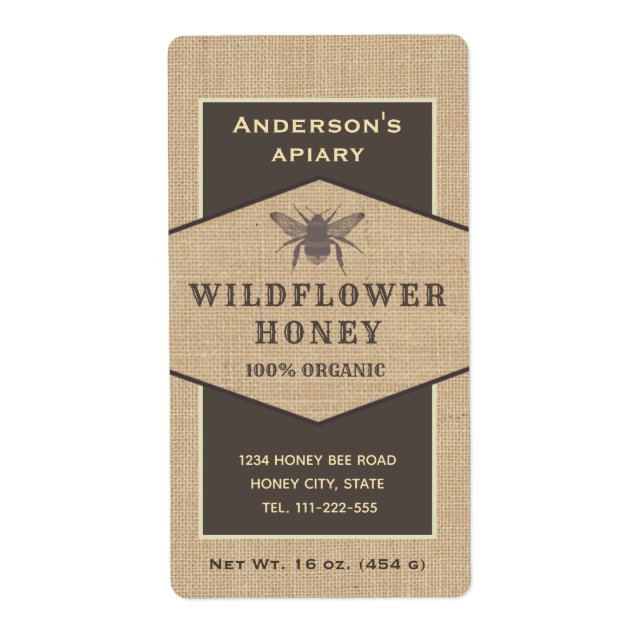 Vintage rustic linen  honey bee honey jar label (Front)