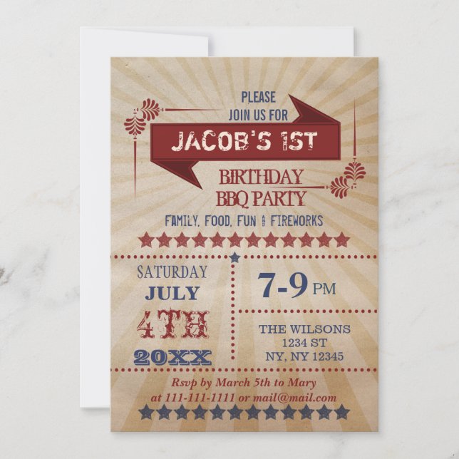 Vintage Rustic Memorial Day Birthday party Invites (Front)