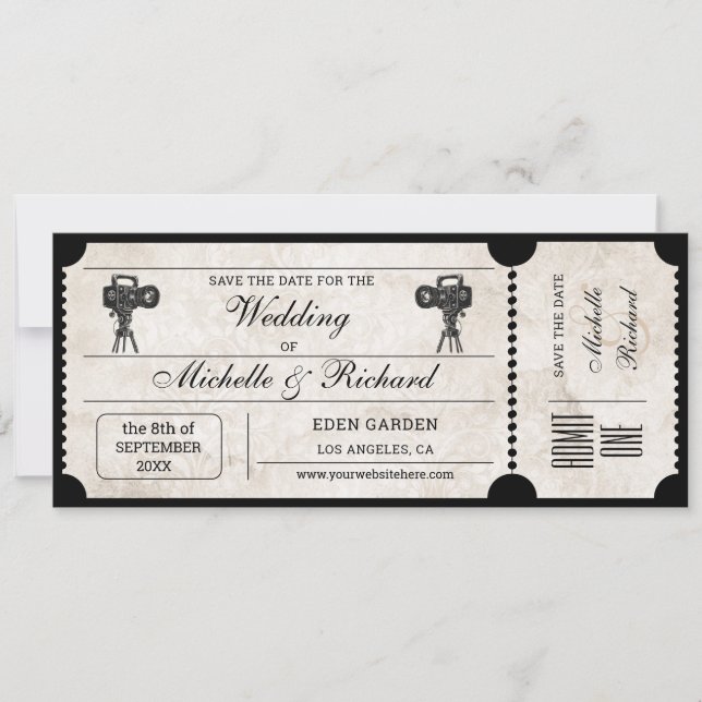 Vintage Rustic Movie Ticket Save the Date Invitation (Front)
