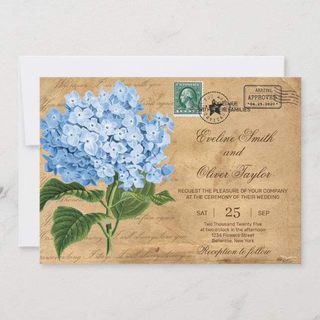 Vintage rustic old paper blue hydrangea wedding invitation (Front)