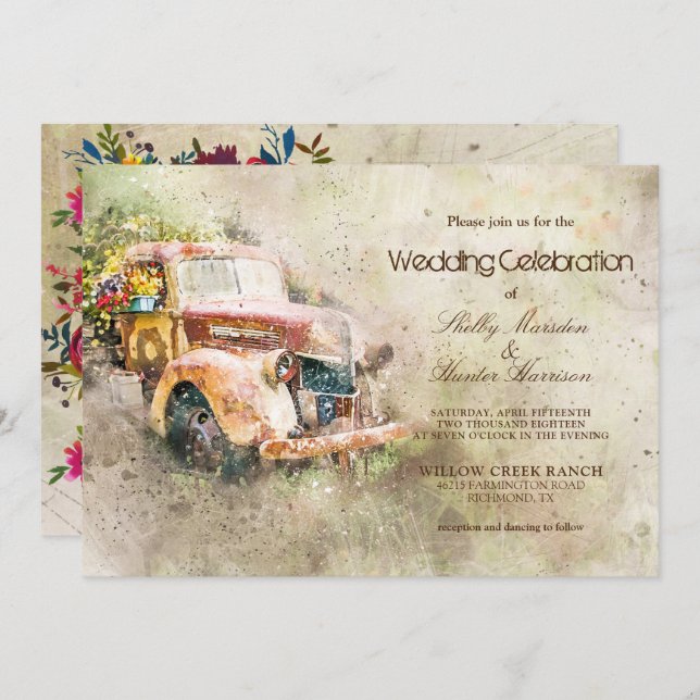 Vintage Rustic Old Truck Trendy Photo Wedding Invitation (Front/Back)
