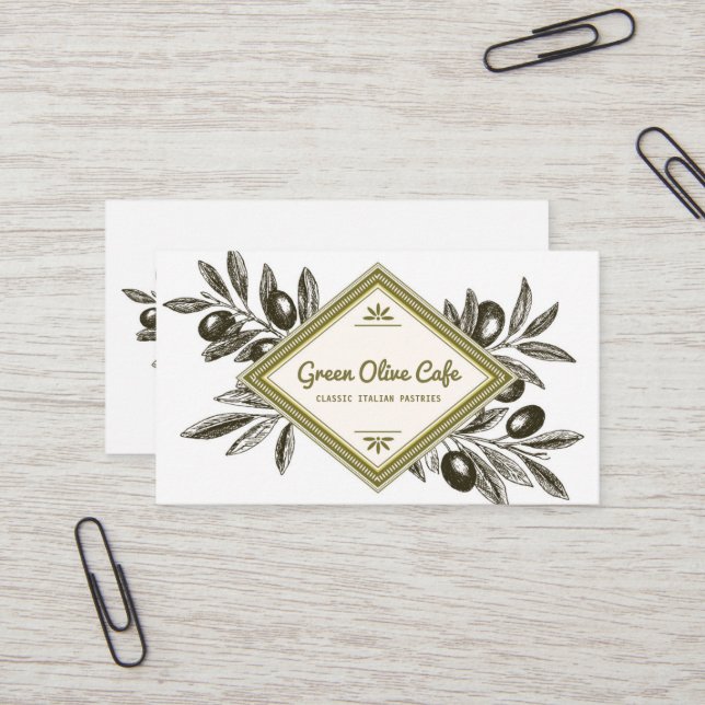 Vintage Rustic Olive Branches Frame Restaurant Business Card (Front/Back In Situ)