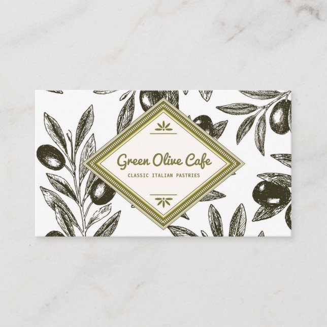 Vintage Rustic Olive Branches Illustration Cafe Business Card (Front)