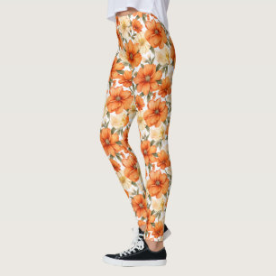 Vintage Rustic Orange Autumn Flowers Pattern Leggings