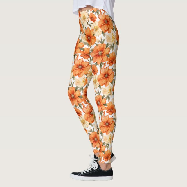 Vintage Rustic Orange Autumn Flowers Pattern Leggings (Left)