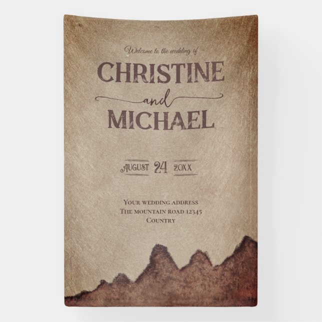 Vintage rustic paper brown mountains wedding banner (Vertical)