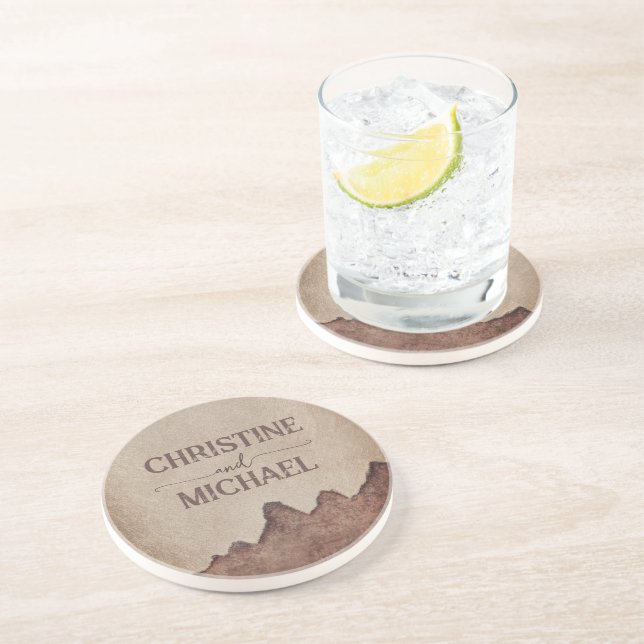Vintage rustic paper brown mountains wedding coaster (Side)