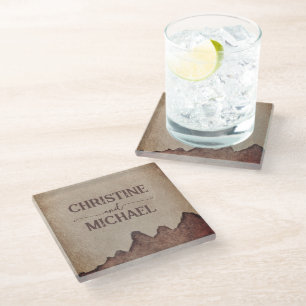 Vintage rustic paper brown mountains wedding glass coaster