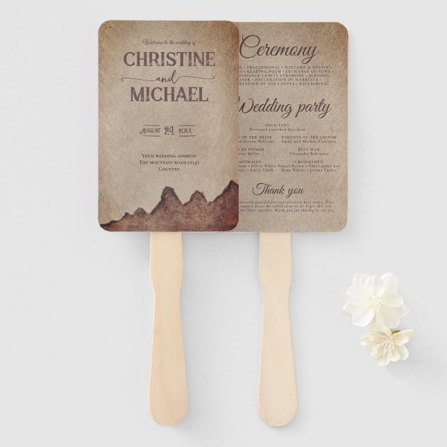 Vintage rustic paper brown mountains wedding hand fan (Front and Back)