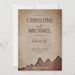 Vintage rustic paper brown mountains wedding save the date
