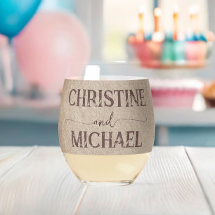 Vintage rustic paper brown mountains wedding stemless wine glass