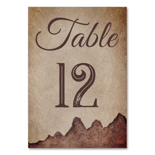 Vintage rustic paper brown mountains wedding table number (Front)