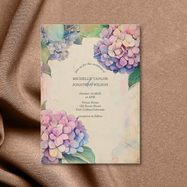 Vintage Rustic Pastel Hydrangea Flower Invitation (Pastel Hydrangea vintage paper background)