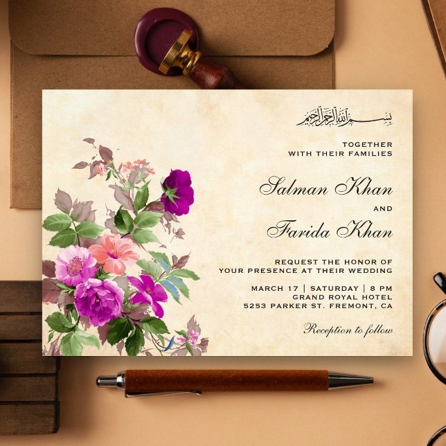 Vintage Rustic Purple Floral Islamic Wedding Invitation (Creator Uploaded)