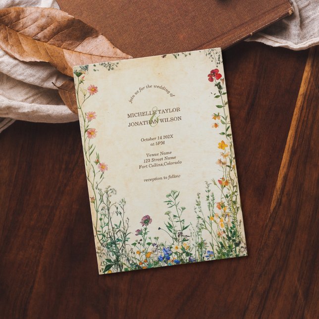 Vintage Rustic Retro Meadow Wildflower Invitation (vintage wildflower wedding)