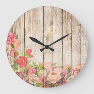 Vintage Rustic Romantic Roses Wood Large Clock