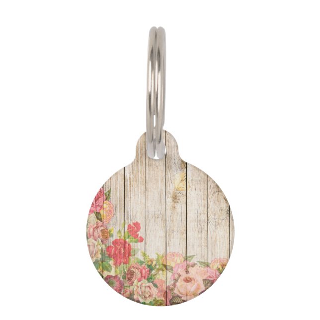 Vintage Rustic Romantic Roses Wood Pet Tag (Front)