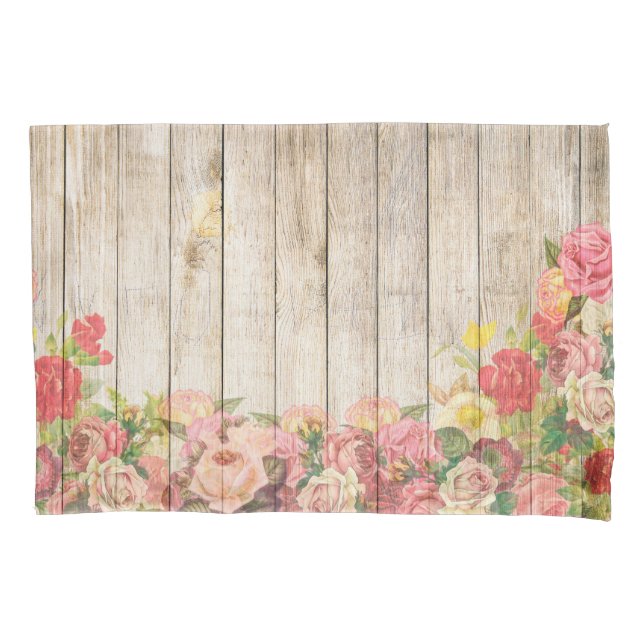 Vintage Rustic Romantic Roses Wood Pillowcase (Front)