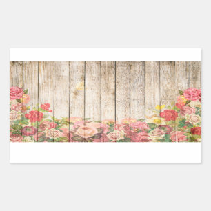 Vintage Rustic Romantic Roses Wood Rectangular Sticker