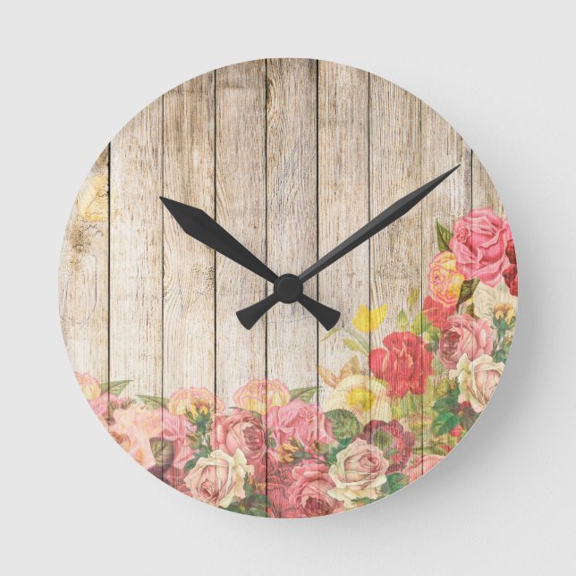 Vintage Rustic Romantic Roses Wood Round Clock (Front)