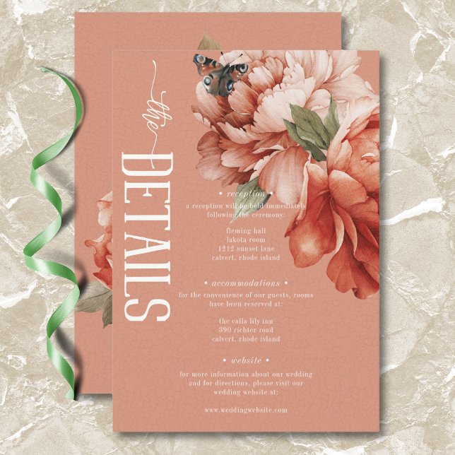 Vintage Rustic Rust & Peach Peonies Details Enclosure Card (Vintage Rustic Rust & Peach Peonies Details Enclosure Card)