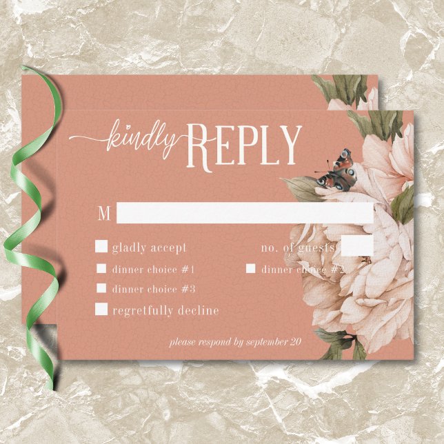 Vintage Rustic Rust & Peach Peonies Dinner RSVP Card (Vintage Rustic Rust & Peach Peonies Dinner RSVP Card)