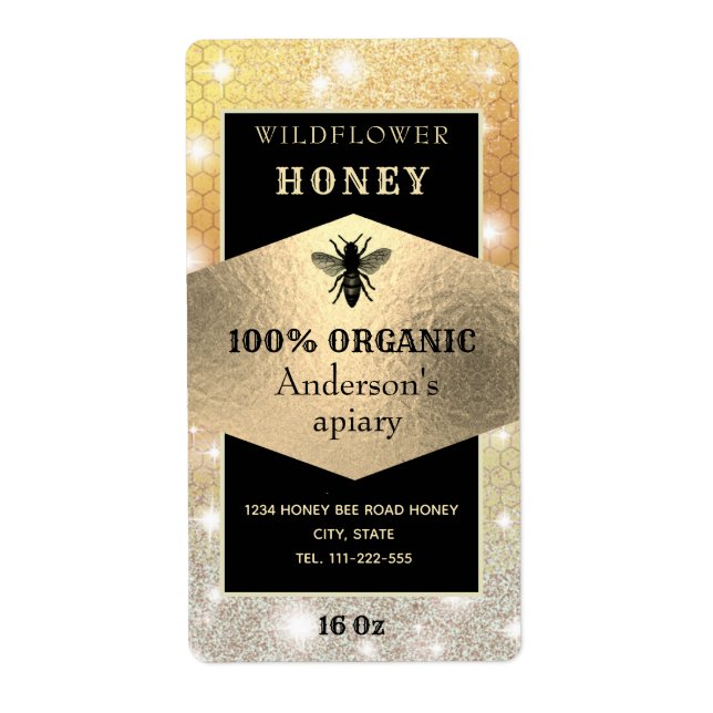 Vintage rustic sparkle gold logo bee honey jar (Front)