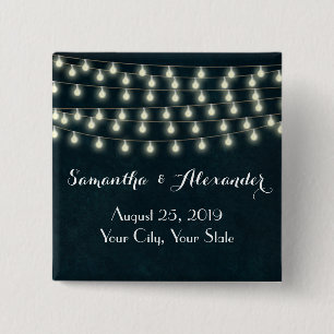Vintage Rustic String Lights Navy Blue Wedding 15 Cm Square Badge