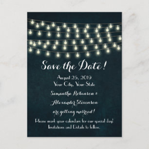 Vintage Rustic String Lights Navy Blue Wedding Announcement Postcard