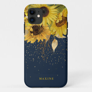 Vintage Rustic Sunflower, Navy & Gold Custom Name  Case-Mate iPhone Case