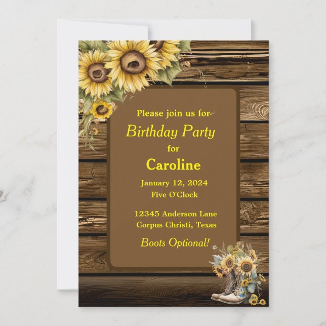 Vintage Rustic Sunflowers and Boots Birthday Party Invitation (Front)