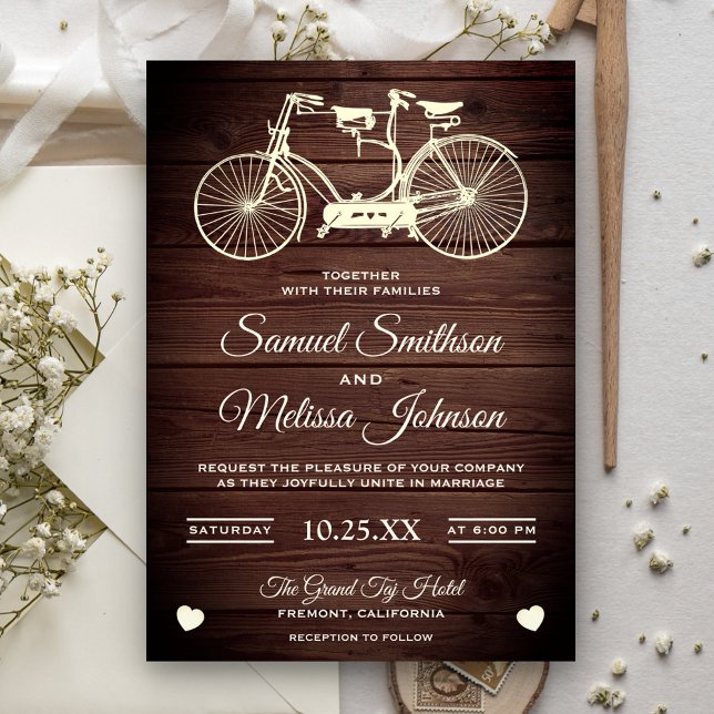 Vintage Rustic Tandem Bicycle Wedding Invitation (Creator Uploaded)