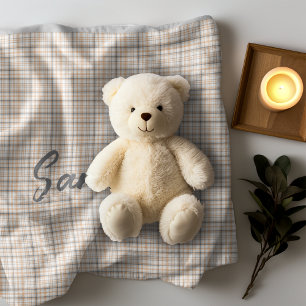 Vintage rustic tartan plaid beige grey name fleece blanket