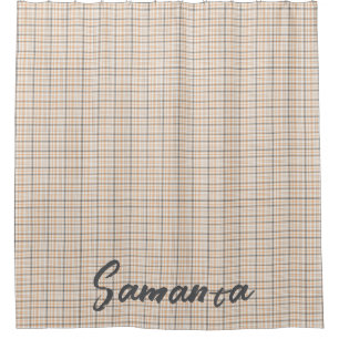 Vintage rustic tartan plaid beige grey name shower curtain