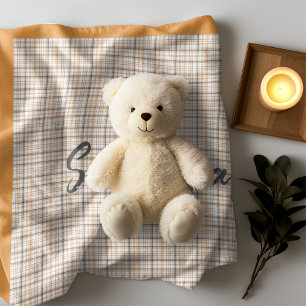 Vintage rustic tartan plaid orange grey name fleece blanket