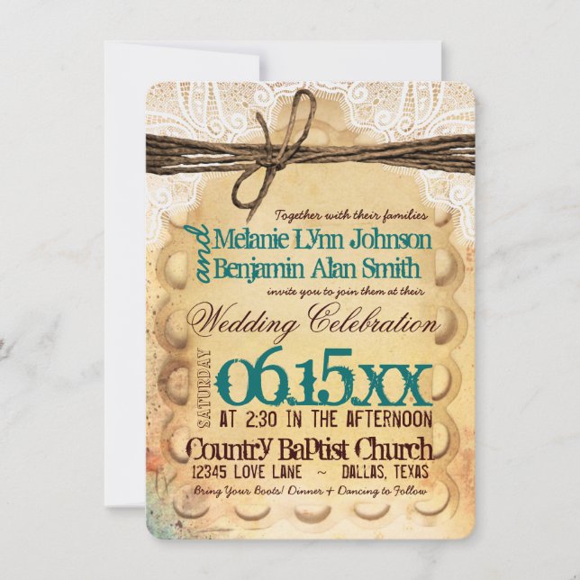 Vintage Rustic Teal Typography Wedding Invitations (Front)