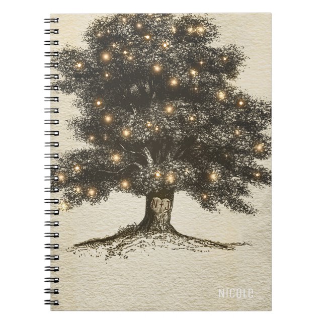 Vintage Rustic Tree & Lights Custom Wedding Notebook (Front)