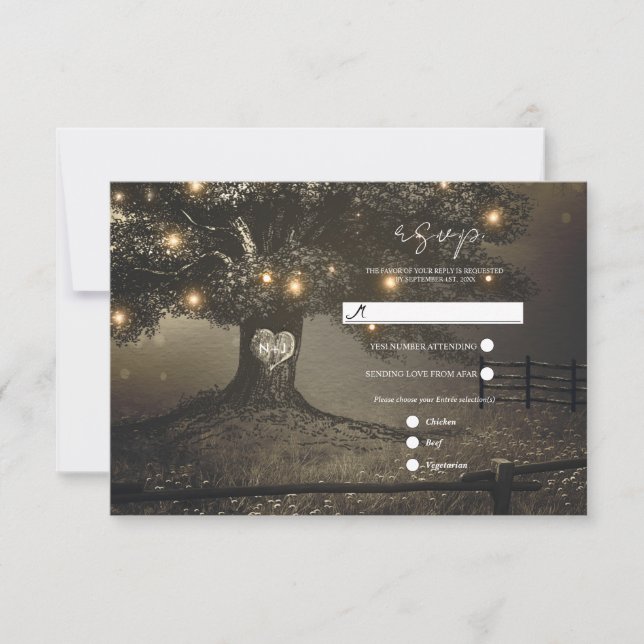 Vintage Rustic Tree & Night Lights Wedding RSVP Card (Front)