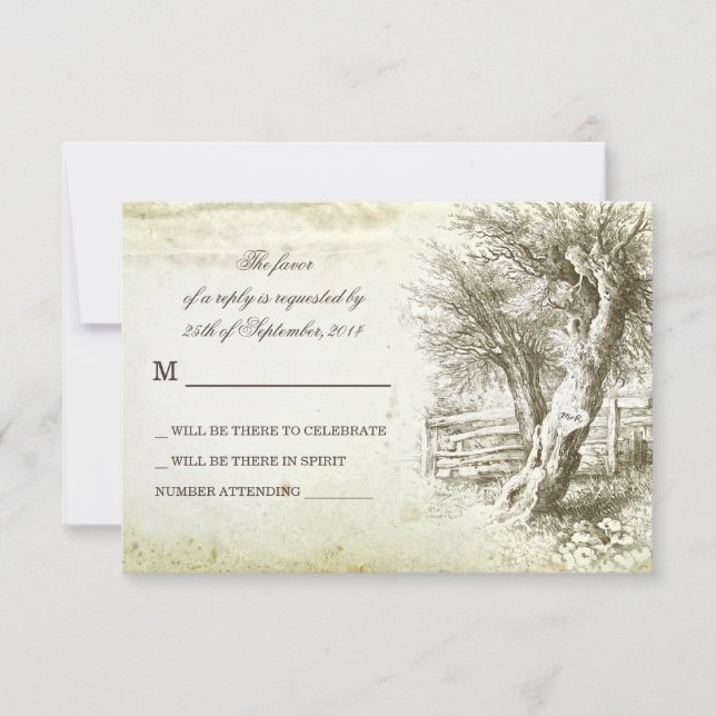 vintage rustic tree old paper wedding RSVP cards (Front)