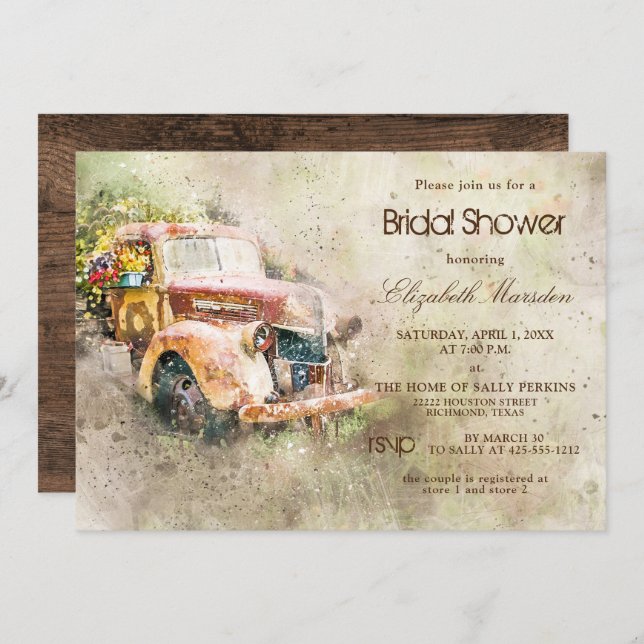Vintage Rustic Truck Trendy Bridal Shower Invitation (Front/Back)