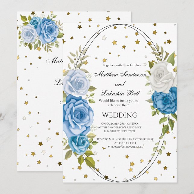 Vintage Rustic Wedding Blue Flowers gold stars Invitation (Front/Back)